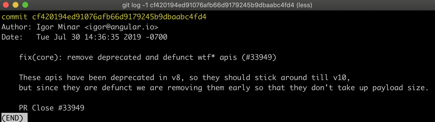 Showing the commit log in one piece